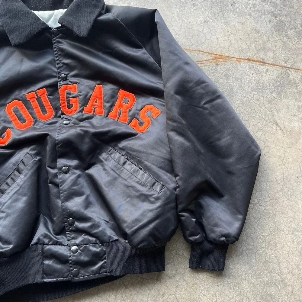 Vintage Cougars Satin Bomber Jacket Black Orange Varsity Quilted Snap Front XL